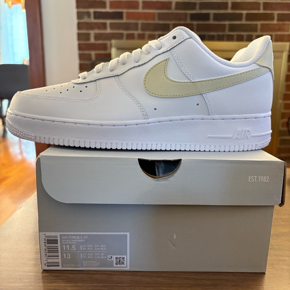 Brand new, never worn! Men’s white Nike Air Force 1 with light khaki.  Size 11.5